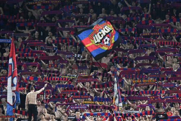 CSKA Moscow's fans reacts during the UEFA Europa League second leg quarter-final football match between CSKA Moscow and Arsenal at the VEB Arena st...