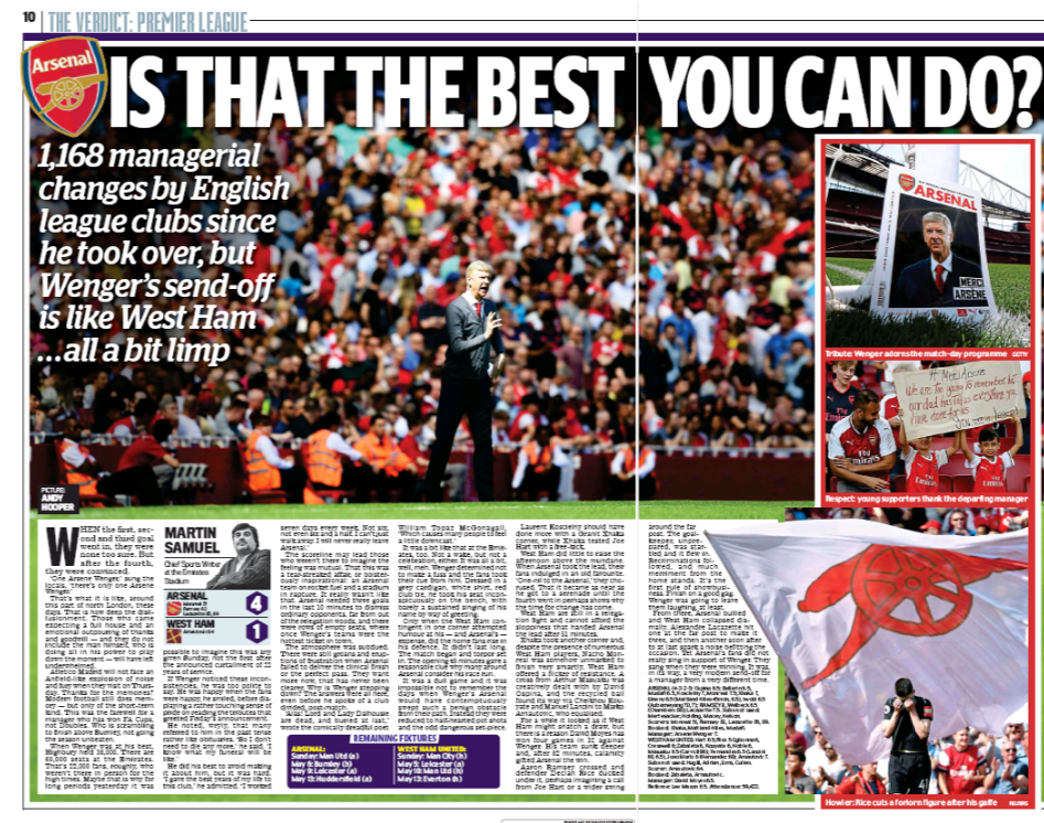 UK media attack Arsenal fans for awful Arsene Wenger send-off 2 daily mail 23 april 2018 martin samuel on arsenal v west ham
