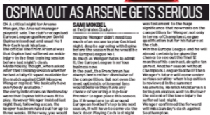 Ospina dropped not injured? 2 daily mail 6 april 2018 ospina