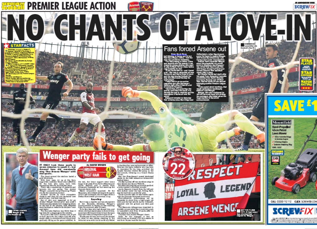 UK media attack Arsenal fans for awful Arsene Wenger send-off 5 daily star 23 april 2018 arsenal v west ham