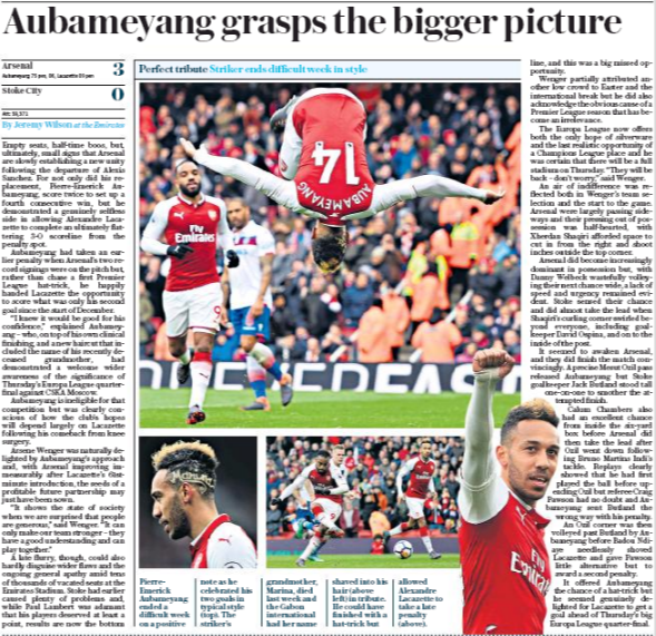 Daily Mail trash Pierre-Emerick Aubameyang's mentality 4 daily telegraph 2 april 2018