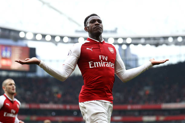 LONDON, ENGLAND - APRIL 08: Danny Welbeck of Arsenal celebrates scoring his sides third goal during the Premier League match between Arsenal and So...