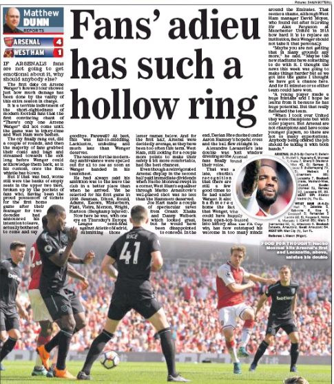 UK media attack Arsenal fans for awful Arsene Wenger send-off 4 express 23 april 2018 arsenal v west ham