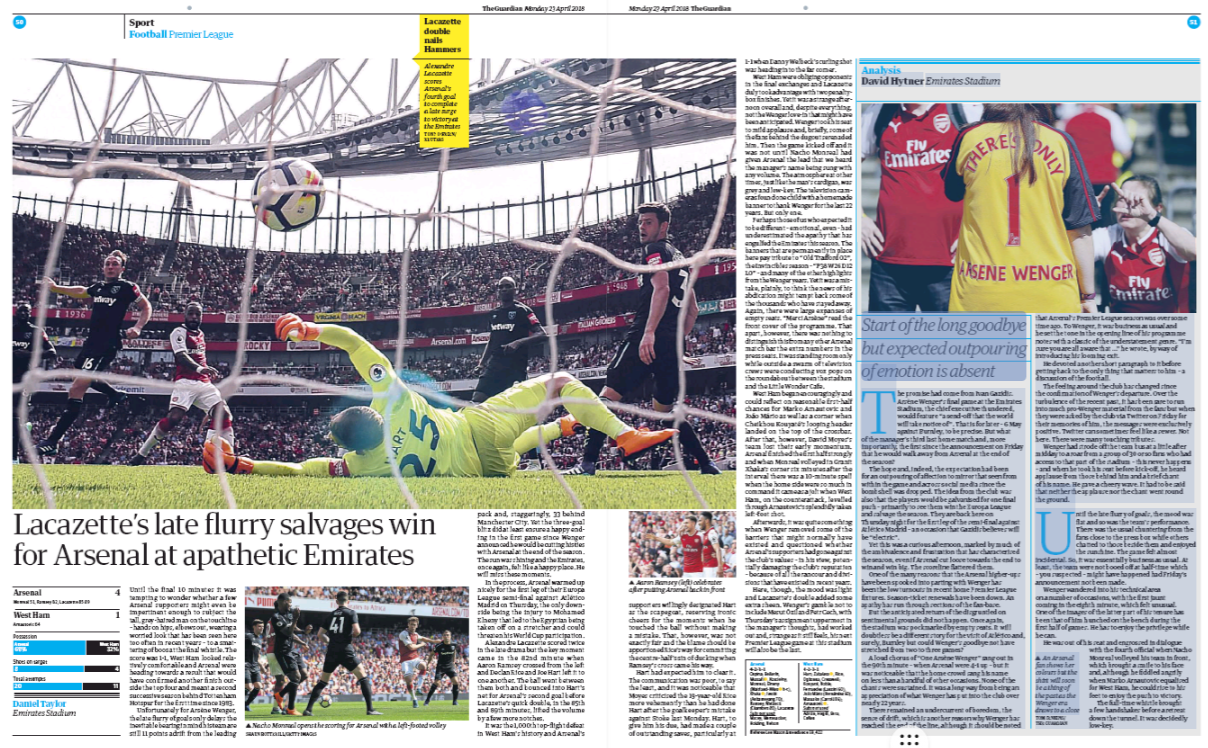 UK media attack Arsenal fans for awful Arsene Wenger send-off 3 guardian 23 april 2018 arsenal v west ham