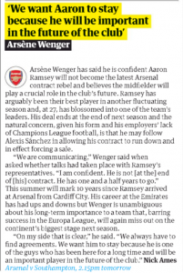 Arsenal talks with Ramsey confirmed 2 guardian 7 april 2018 wenger ramsey