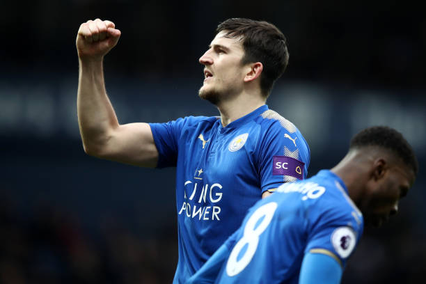 WEST BROMWICH, ENGLAND - MARCH 10: Harry Maguire of Leicester City celebrates after Kelechi Iheanacho of Leicester City scores their sides third go...