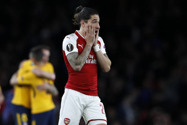 Arsenal's Spanish defender Hector Bellerin (R) first match semi-final football match between Arsenal and Atletico Madrid at the Emirates Stadium in...