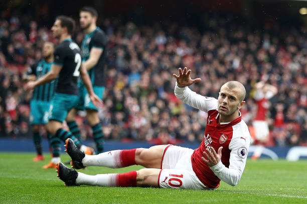 LONDON, ENGLAND - APRIL 08: Jack Wilshere of Arsenal reacts to a missed goal during the Premier League match between Arsenal and Southampton at Emi...