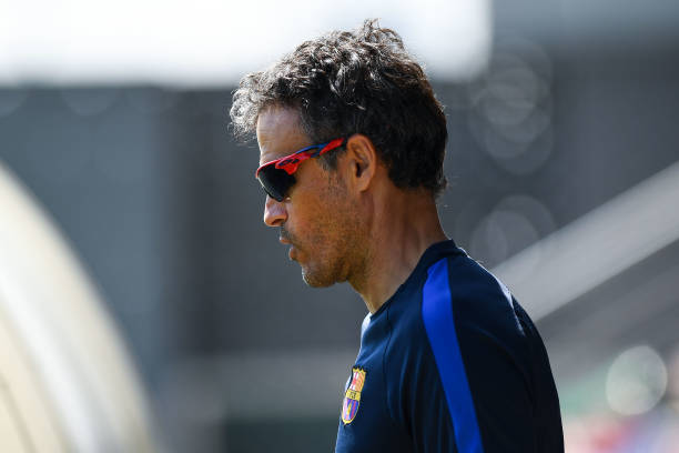 BARCELONA, SPAIN - MAY 26: Head coach Luis Enrique of FC Barcelona looks on during a training session at FC Barcelona Sports Centre on May 26, 2017...