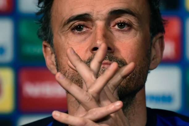 FC Barcelona coach Luis Enrique looks on during the press conference on the eve of the Champions League last 16 first leg against (PSG) Paris Saint...