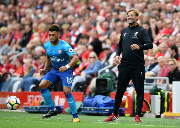 LIVERPOOL, ENGLAND - AUGUST 27: Jurgen Klopp, Manager of Liverpool reacts as Alex Oxlade-Chamberlain of Arsenal controls the ball during the Premier League match between Liverpool and Arsenal at Anfield on August 27, 2017 in Liverpool, England. (Photo by Michael Regan/Getty Images)