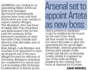 16 may 2018 daily mail arteta 90 per cent