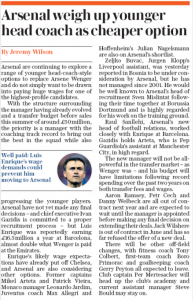Arsenal to pay new manager less than Wenger 4 2 may 2018 daily telegraph arsenal manager wages