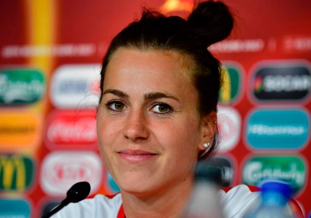 Austria's defender Viktoria Schnaderbeck looks on during press conference during the UEFA Women's Euro 2017 football tournament in Breda on August ...