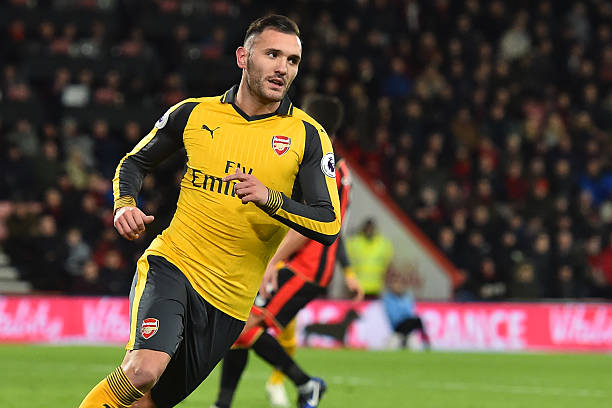 Arsenal's Spanish striker Lucas Perez celebrates after scoring their second goal during the English Premier League football match between Bournemou...