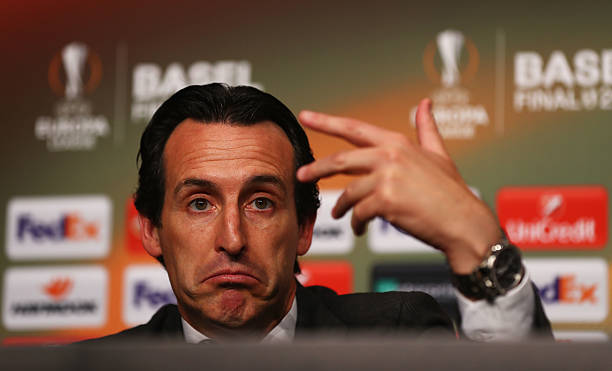 ASEL, SWITZERLAND - MAY 18: In this handout image provided by UEFA, Unai Emery coach of Sevilla attends a press conference after the UEFA Europa Le...