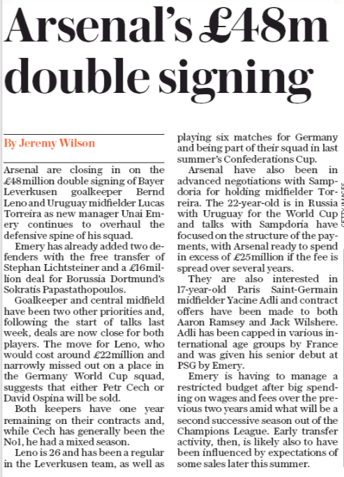 Aaron Ramsey offered new Arsenal deal 2 180619 daily telegraph ramsey leno and more
