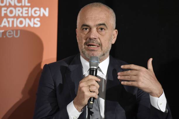 Albanian Prime Minister Edi Rama speaks during a meeting on Western Balkans in Paris on May 29, 2018. (Photo by BERTRAND GUAY / AFP)