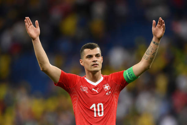 ROSTOV-ON-DON, RUSSIA - JUNE 17: Granit Xhaka of Switzerland shows appreciation to the fans after the 2018 FIFA World Cup Russia group E match betw...