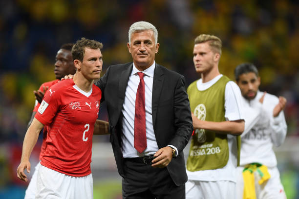 ROSTOV-ON-DON, RUSSIA - JUNE 17: Vladimir Petkovic, Head coach of Switzerland congratulates Stephan Lichtsteiner of Switzerland following the 2018 ...