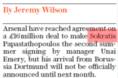 Arsenal complete €18m deal but no announcement until July 2 telegraph jeremy wilson sokratis