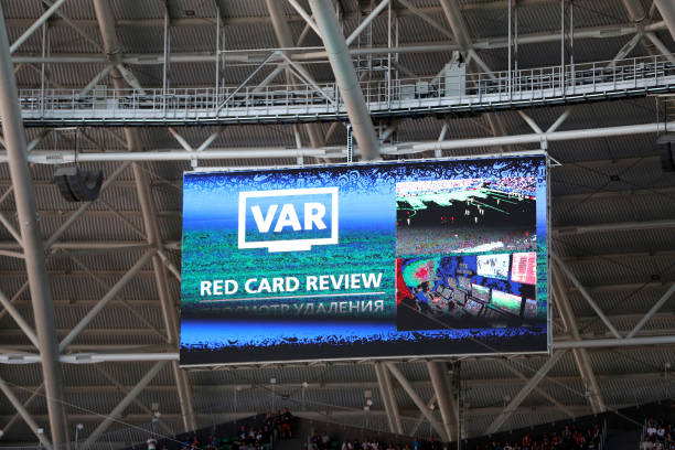 SAMARA, RUSSIA - JUNE 17: The VAR red card review message is seen on the scoreboars during the 2018 FIFA World Cup Russia group E match between Cos...