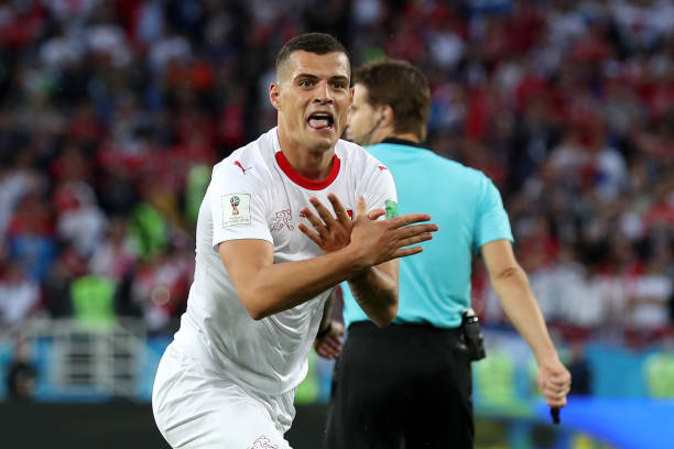 KALININGRAD, RUSSIA - JUNE 22: Granit Xhaka of Switzerland celebrates after scoring his team's first goal during the 2018 FIFA World Cup Russia gro...