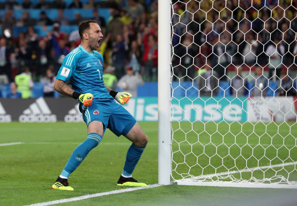 MOSCOW, RUSSIA - JULY 03: David Ospina of Colombia celebrates saving England's second penalty from Jordan Henderson of England during the 2018 FIFA...