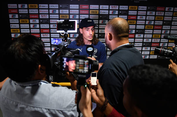 SINGAPORE - JULY 26: Hector Bellerin #2 of Arsenal speaks to the media during the International Champions Cup 2018 match between Club Atletico de M...
