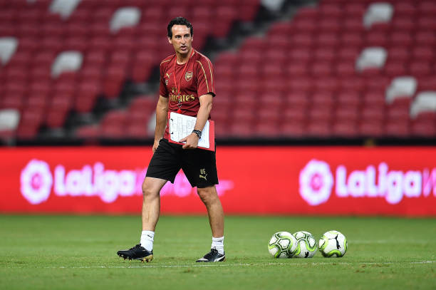 SINGAPORE - JULY 27: Unai Emery head coach of Arsenal looks during training ahead of the International Champions Cup 2018 match between Arsenal v P...