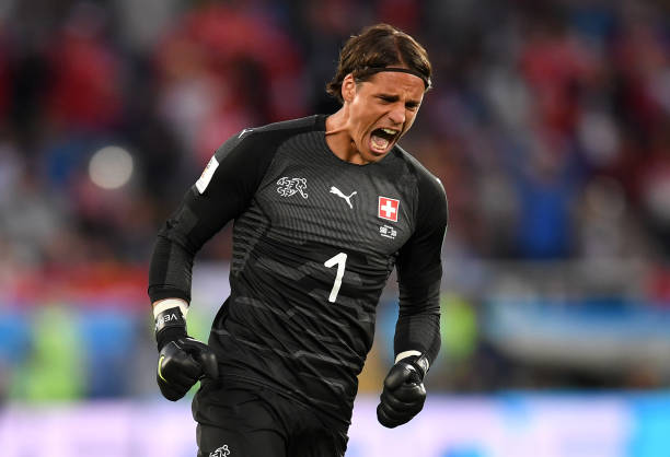 KALININGRAD, RUSSIA - JUNE 22: Yann Sommer of Switzerland celebrates his team's first goal during the 2018 FIFA World Cup Russia group E match betw...