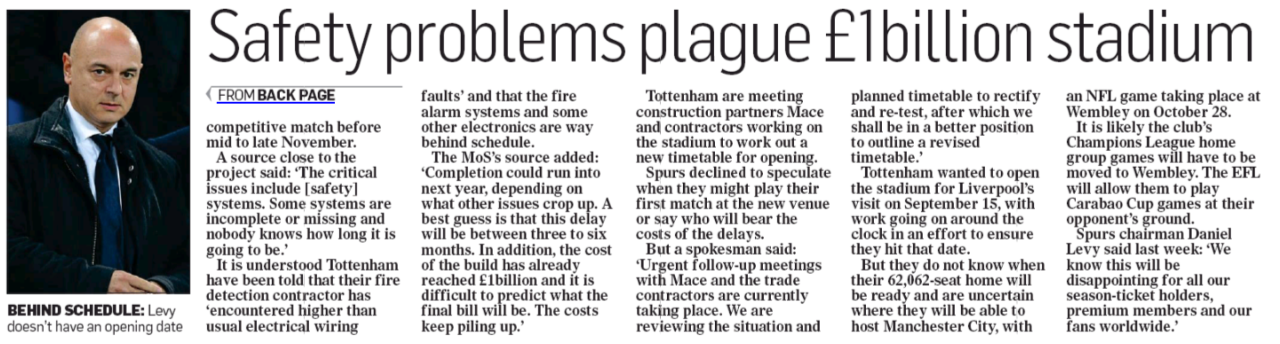 Was it as bad as we remember? Arsenal's 2018 review 45 180819 mail on sunday spurs stadium delay 2