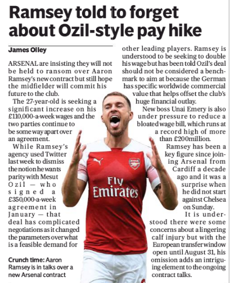 Aaron Ramsey's brilliant response when asked if he would sign for Tottenham 2 Evening Standard, 21 August 2018 Aaron Ramsey payhike