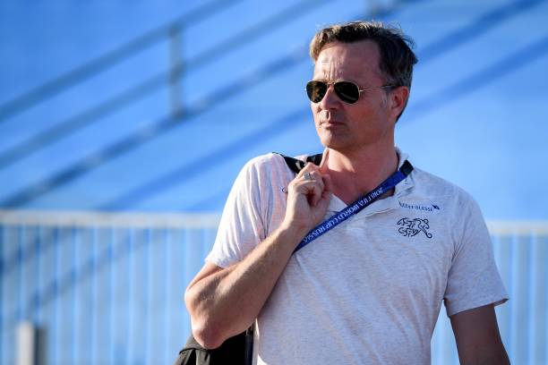 This picture taken on June 23, 2018 shows Swiss football Federation general secretary Alex Miescher at Torpedo Stadium in Tolyatti also known as To...