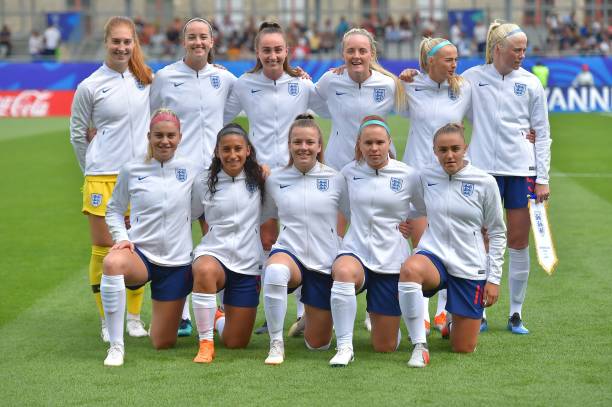 England's players pose prior to the Women's World Cup U20 quarter final football match between England and Netherlands on August 17, 2018, at the L...