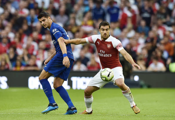 DUBLIN, IRELAND - AUGUST 01: Sokratis Papastathopoulos of Arsenal and Alvaro Morata of Chelsea during the Pre-season friendly International Champio...