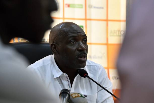 Ivory Coast's head football coach Kamara Ibrahim addresses media representatives during a press conference at FIF headquarters in Abidjan on August...