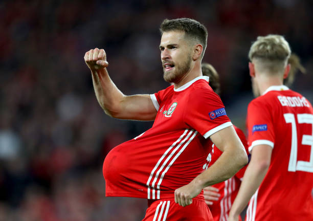 CARDIFF, WALES - SEPTEMBER 06: Aaron Ramsey of Wales celebrates after scoring his team's third goal during the UEFA Nations League B group four mat...