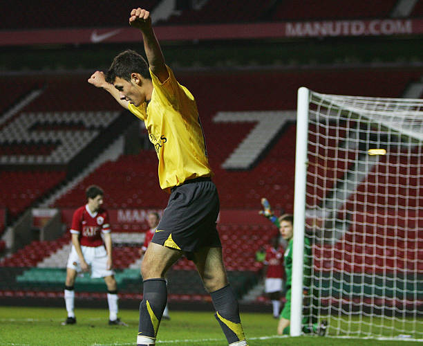 MANCHESTER, UNITED KINGDOM - APRIL 02: Nacer Barazite of Arsenal Youth celebrates his goal during the FA Youth Cup sponsored by E.ON Semi-Final, 2n...