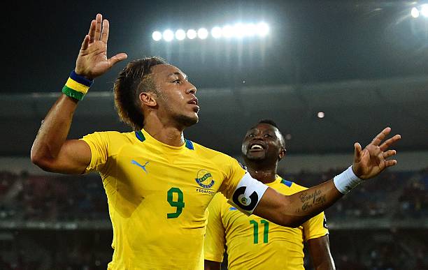 Gabon's forward Pierre-Emerick Aubameyang celebrates after scoring a goal during the 2015 African Cup of Nations group A football match between Bur...