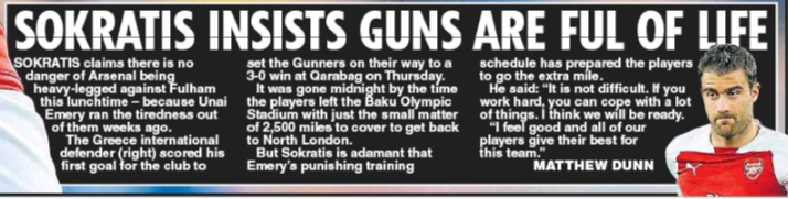 Sokratis ‘feels good’ after injury, Emery's training methods have them ready for Fulham 3 181007 daily star sunday sokratis