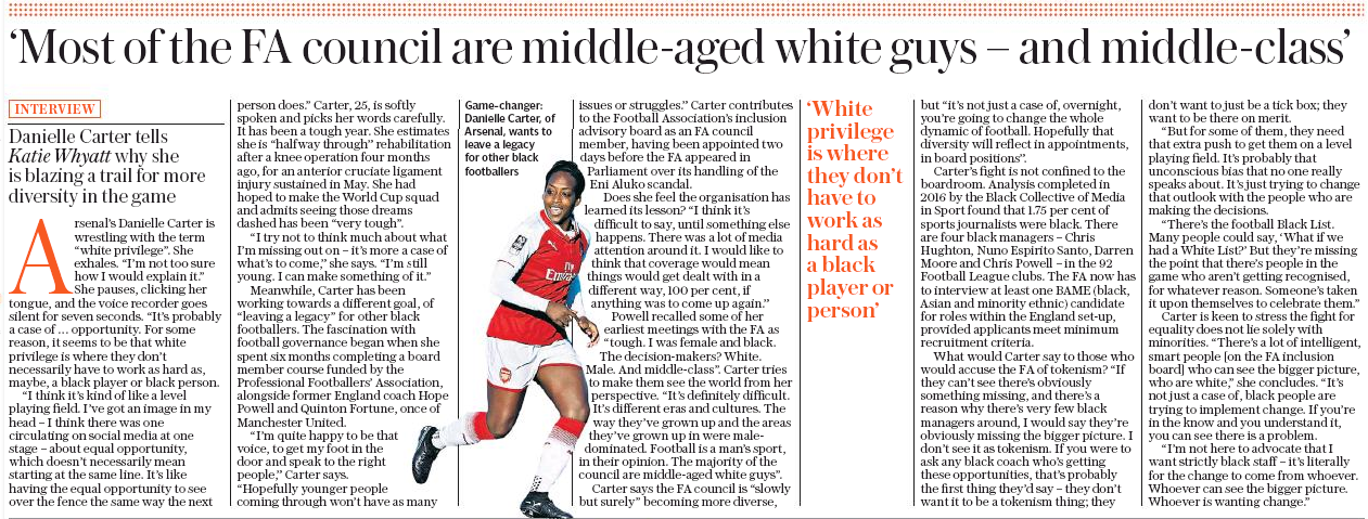 Danielle Carter on ACL recovery + racism in the FA 3 Danielle Carter interview, Sunday Telegraph, 28 October 2018