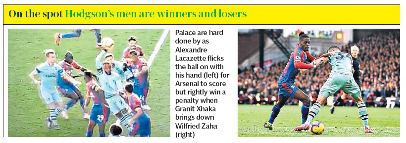 Media ignore Wilfried Zaha's dive to focus on Alexandre Lacazette handball 6 Crystal Palace v Arsenal, Daily Telegraph, SPORT, 29 October 2018