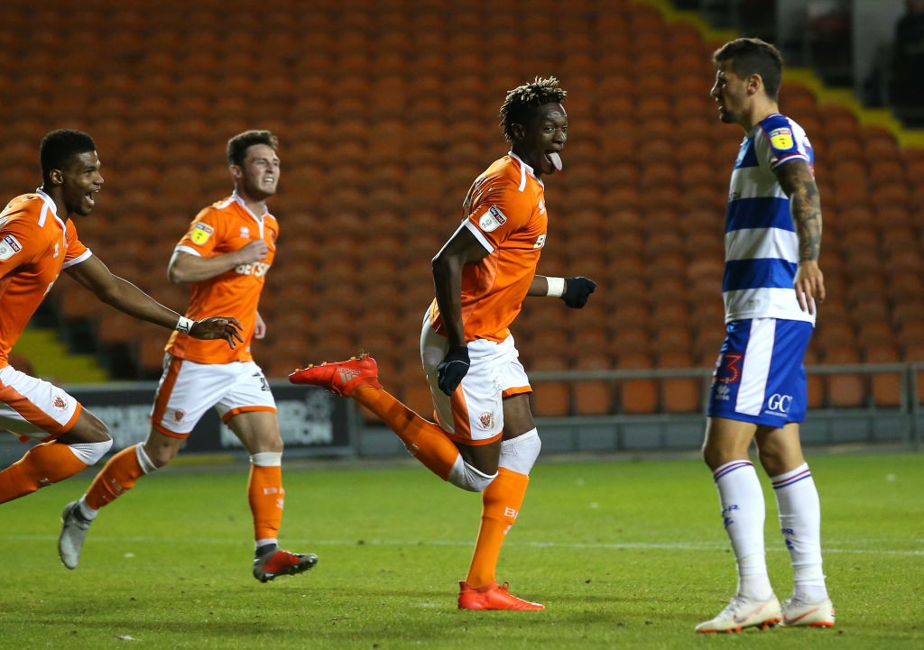 BLACKPOOL, ENGLAND - SEPTEMBER 25: Armand Gnanduillet of Blackpool celebrates after scoring the opening goal during the Carabao Cup Third Round mat...