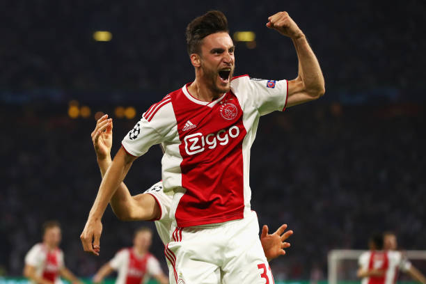 AMSTERDAM, NETHERLANDS - SEPTEMBER 19: Nicolas Tagliafico of Ajax celebrates scoring a goal during the Group E match of the UEFA Champions League b...