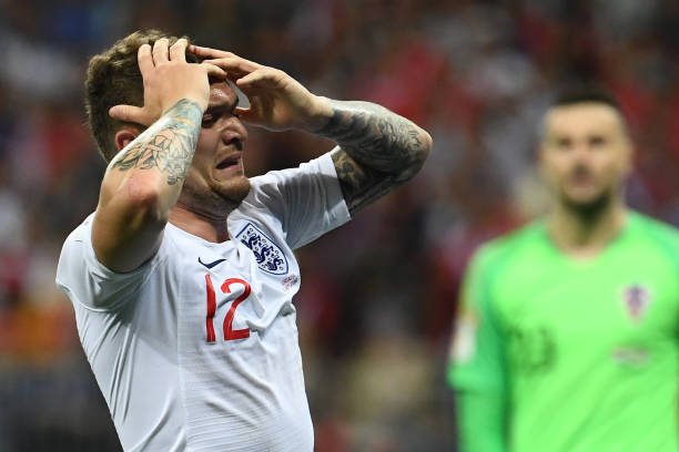 England's defender Kieran Trippier reacts during the Russia 2018 World Cup semi-final football match between Croatia and England at the Luzhniki St...