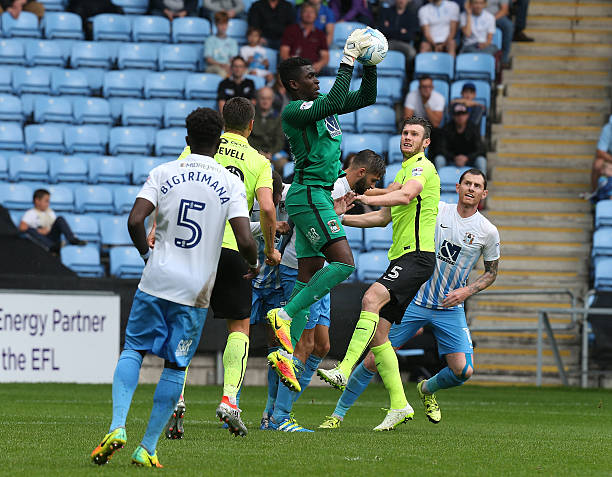 COVENTRY, ENGLAND - AUGUST 27: Reice Charles-Cook of Coventry City collects the ball during the Sky Bet League One match between Coventry City and ...