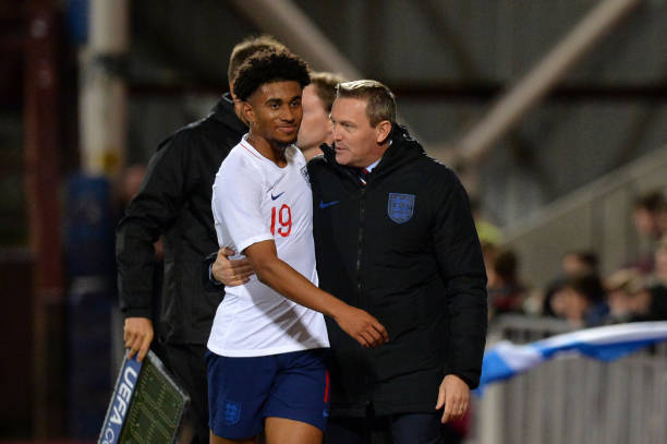 Arsenal senior and youth international round-up so far 2 GLASGOW, SCOTLAND - OCTOBER 16: Reiss Nelson of England U21 and Aidy Boothroyd, Manager of England U21 speak as Reiss Nelson is substituted off during the 2019 UEFA European Under-21 Championship Qualifier match between Scotland U21 and England U21 at Tynecastle Stadium on October 16, 2018 in Glasgow, Scotland. (Photo by Mark Runnacles/Getty Images)