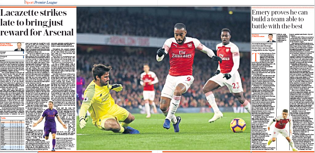 181104 sunday telegraph arsenal v liverpool