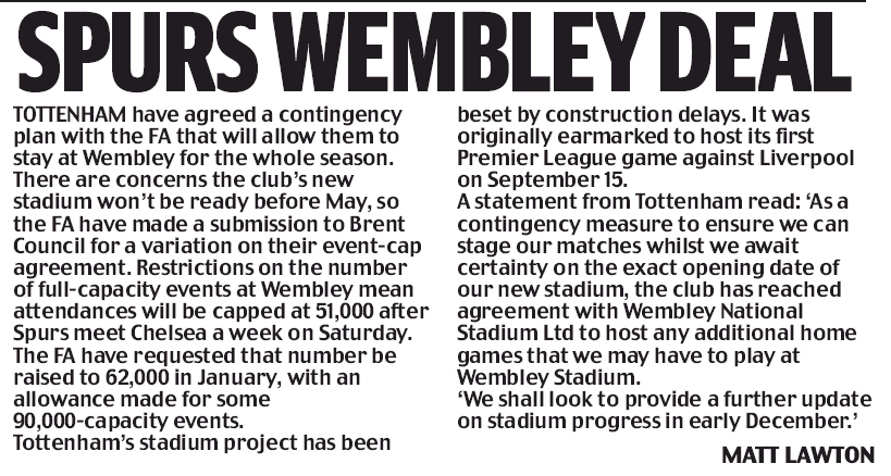 Tottenham agree Wembley deal for rest of season 2 Tottenham agree Wembley deal - Daily Mail 12 November 2018